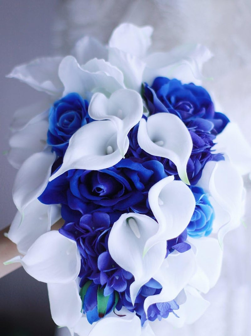 IFFO Royal Blue Bouquet, Bridal Bouquets for Weddingï¼ŒWhite Calla Lily Bridal Bouquet, Water Drops Waterfall Shape, Luxury Jewelry Bouquet Romantic Wedding (No Jewelry) - Image 4